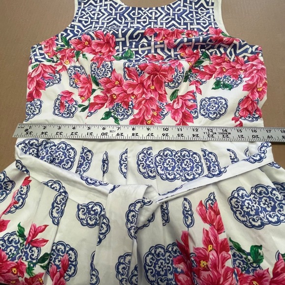 Talbots Women's Size 12P Floral Blue Grecian Tile Boatneck Fit and Flare Dress - Picture 9 of 13